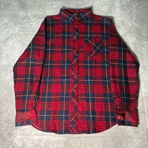 True Vintage Sears Mens Red Blue Plaid Flannel Button Down Shirt Cotton Size 18